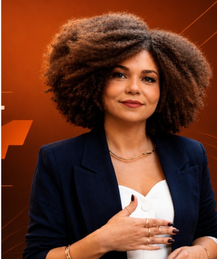 Bruna Félix, palestrante, retrato sobre fundo laranja